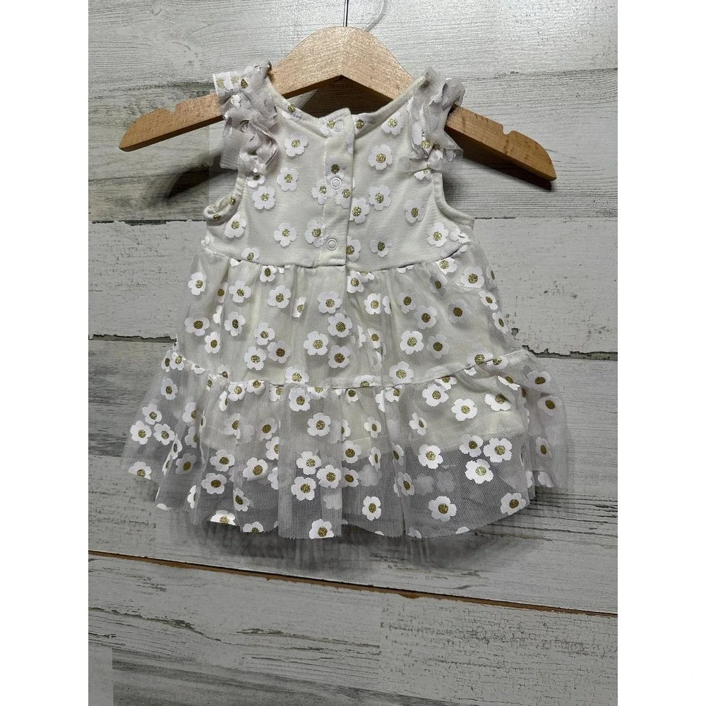 Cat & Jack‎ Tulle Dress Girls 0-3M White Gold Daisy Floral Party EUC